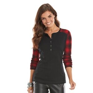 Chaps Black and Red Checkered Sleeve Henley